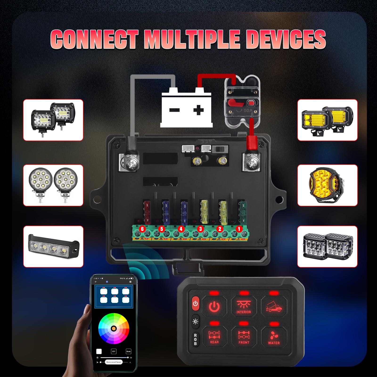 Chelhead RGB 6 Gang Switch Panel with APP Control, Universal Circuit Control Relay System, Multi-Function Bluetooth Remote Switch Panel, Compatible with Truck Boat SUV RV Trailer Marine ATV UTV