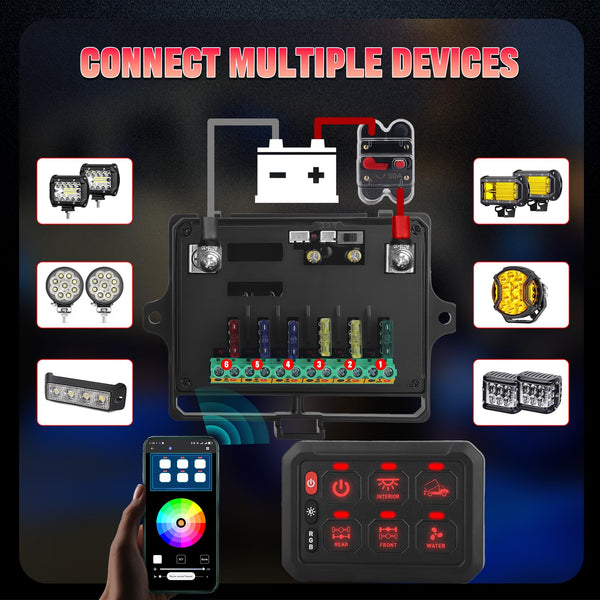 Chelhead RGB 6 Gang Switch Panel with APP Control, Universal Circuit Control Relay System, Multi-Function Bluetooth Remote Switch Panel, Compatible with Truck Boat SUV RV Trailer Marine ATV UTV