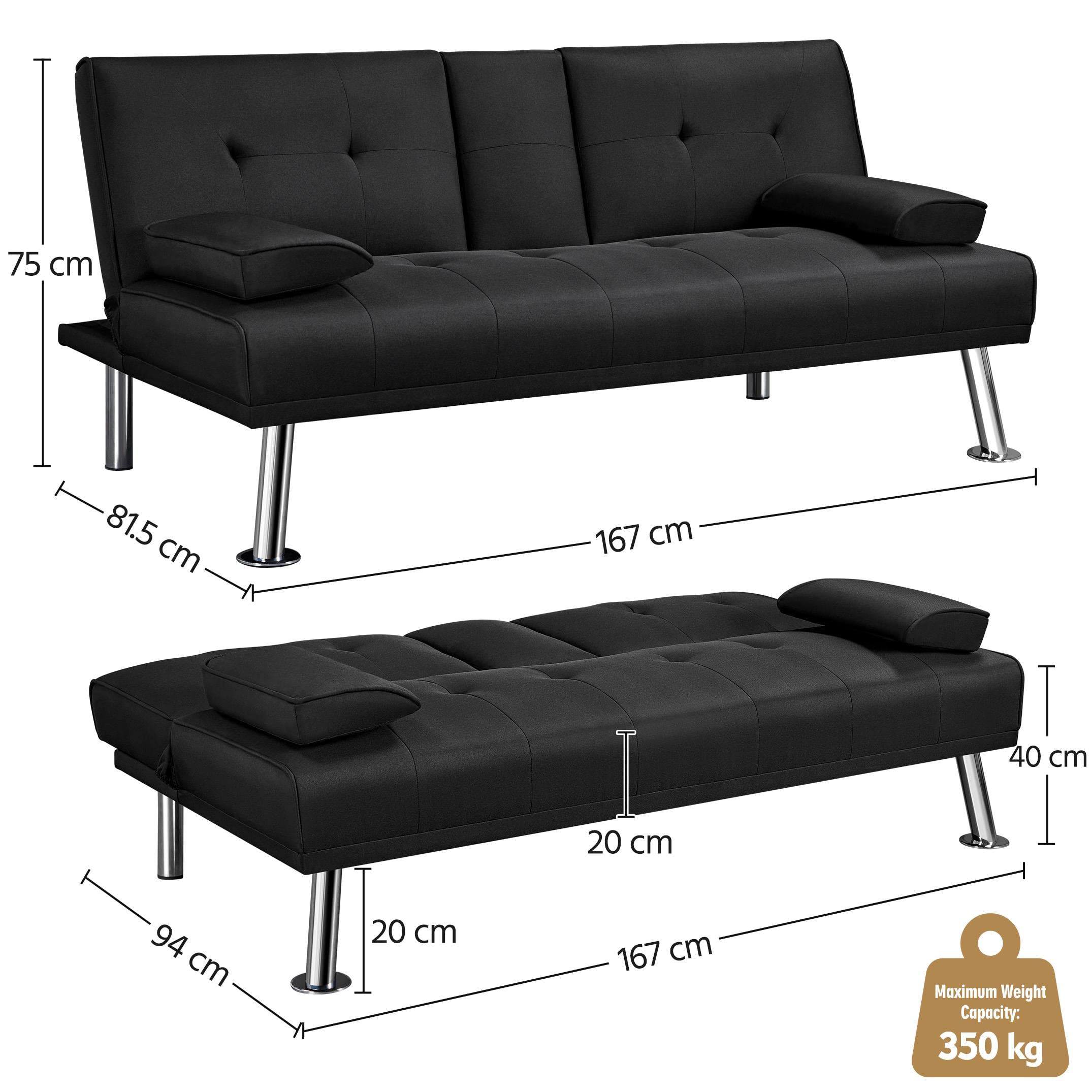 Yaheetech Sofa Bed Fabric Click Clack Sofa Bed with 2 Cup Holders, Convertible Futon Settee, Futon Recliner Lounge for Living Room, Spare Room, Bedroom, Black