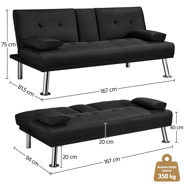 Yaheetech Sofa Bed Fabric Click Clack Sofa Bed with 2 Cup Holders, Convertible Futon Settee, Futon Recliner Lounge for Living Room, Spare Room, Bedroom, Black
