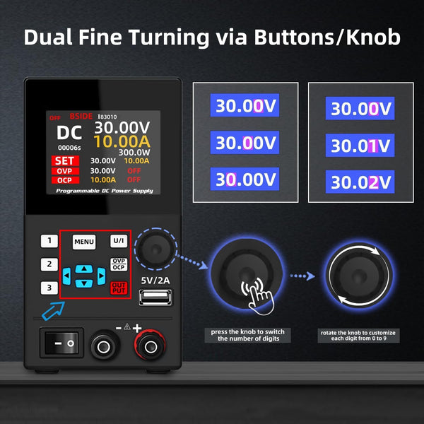 BSIDE Programmable DC Power Supply Variable 30V 10A 300W Regulated Switching Power Supply with 1mA Dual Fine-Tuning 4-Digit 6-Line Colour Display CA CC Mini Workbench Power Supply for Electronics Lab