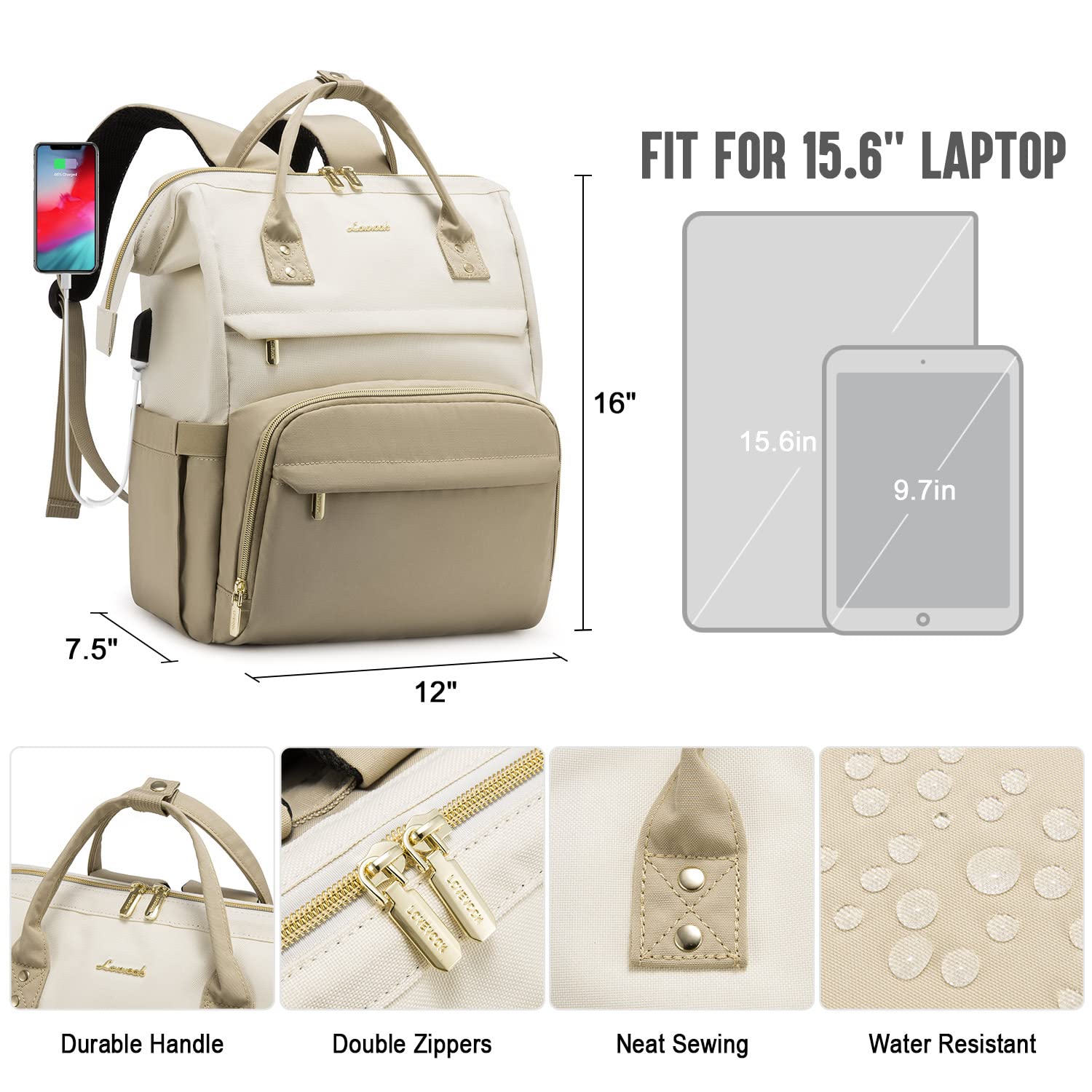 LOVEVOOK Laptop Backpack Women 15.6 inch, Work Bags for Womens, School Computer Bag with USB Port for Business College Travel, Rucksack for Teacher Nurse,BeigeGrey