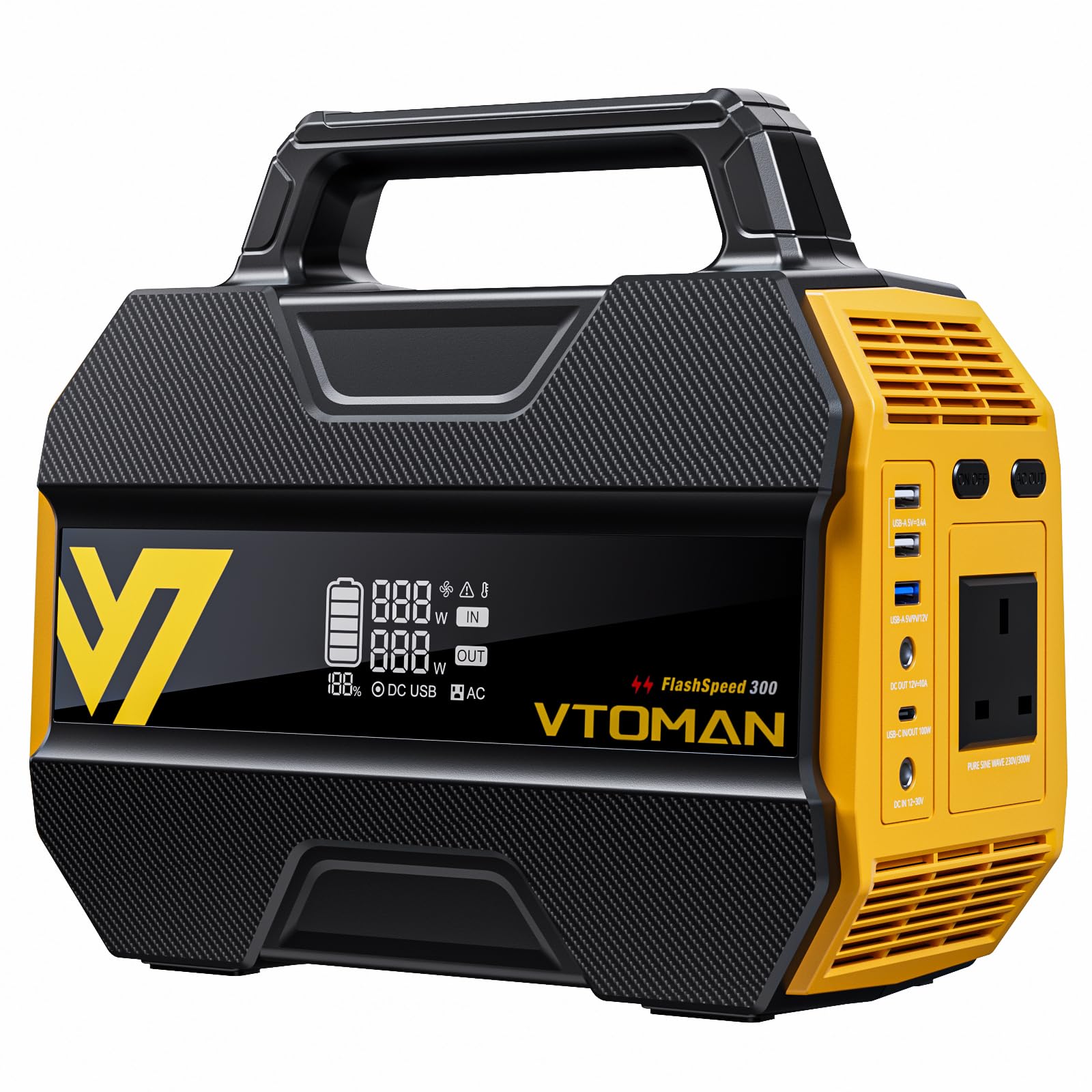 VTOMAN FlashSpeed 300 Portable Power Station Up to 600W Output, 230Wh Solar Generator with LiFePO4 Battery, Fast Charging 100W USB-C, 3000 Cycles, 6 Outlets for Home, Camping, RV, Fishing