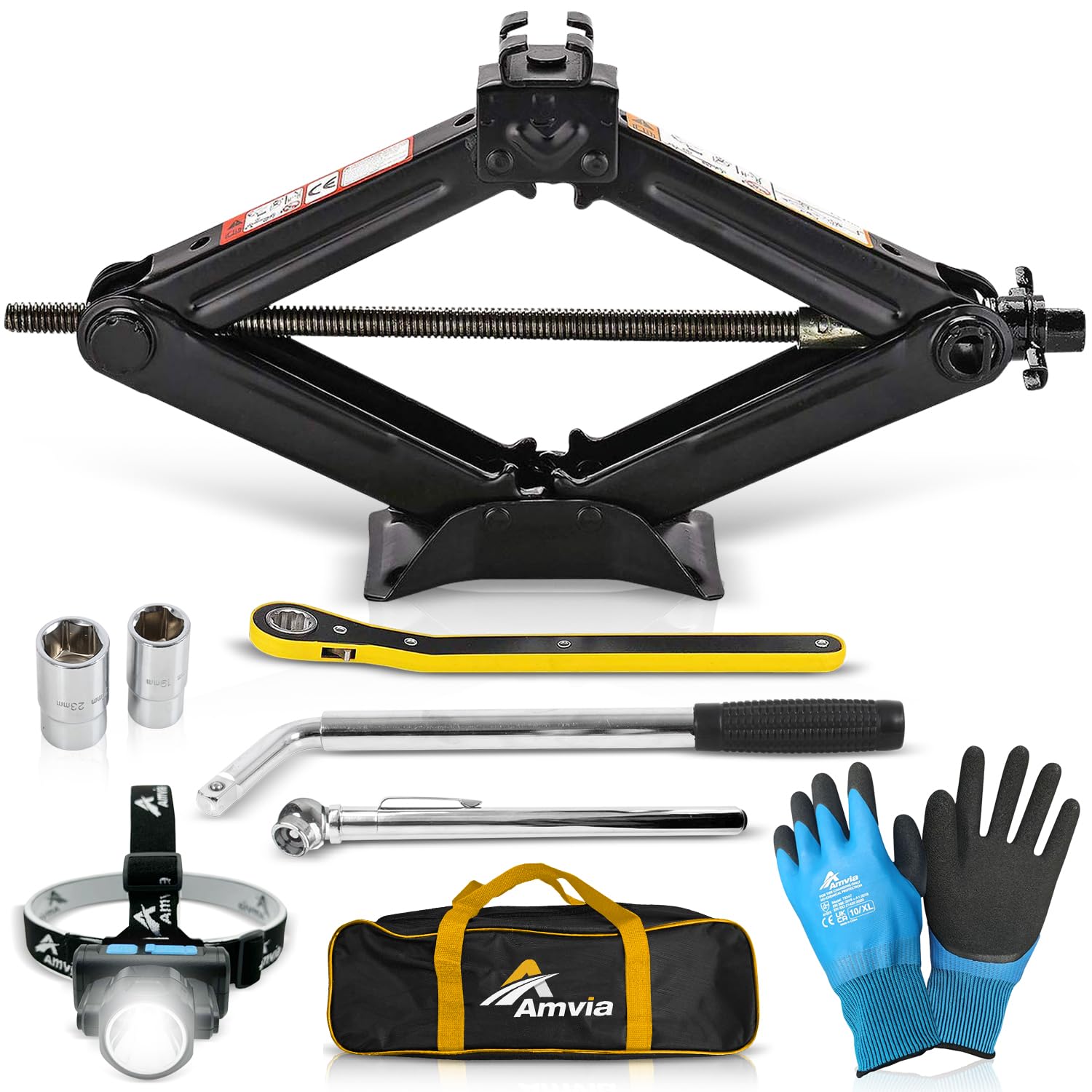 Car Jack Kit | Scissor Jack for Car 1.5 Ton (3,300 lbs) - Tire Jack Tool Kit | Portable, Ideal for SUV and Auto - Universal Emergency Kit with Lug Wrench | Heavy Duty Material