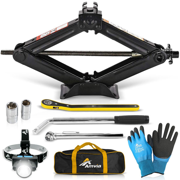 Car Jack Kit | Scissor Jack for Car 1.5 Ton (3,300 lbs) - Tire Jack Tool Kit | Portable, Ideal for SUV and Auto - Universal Emergency Kit with Lug Wrench | Heavy Duty Material