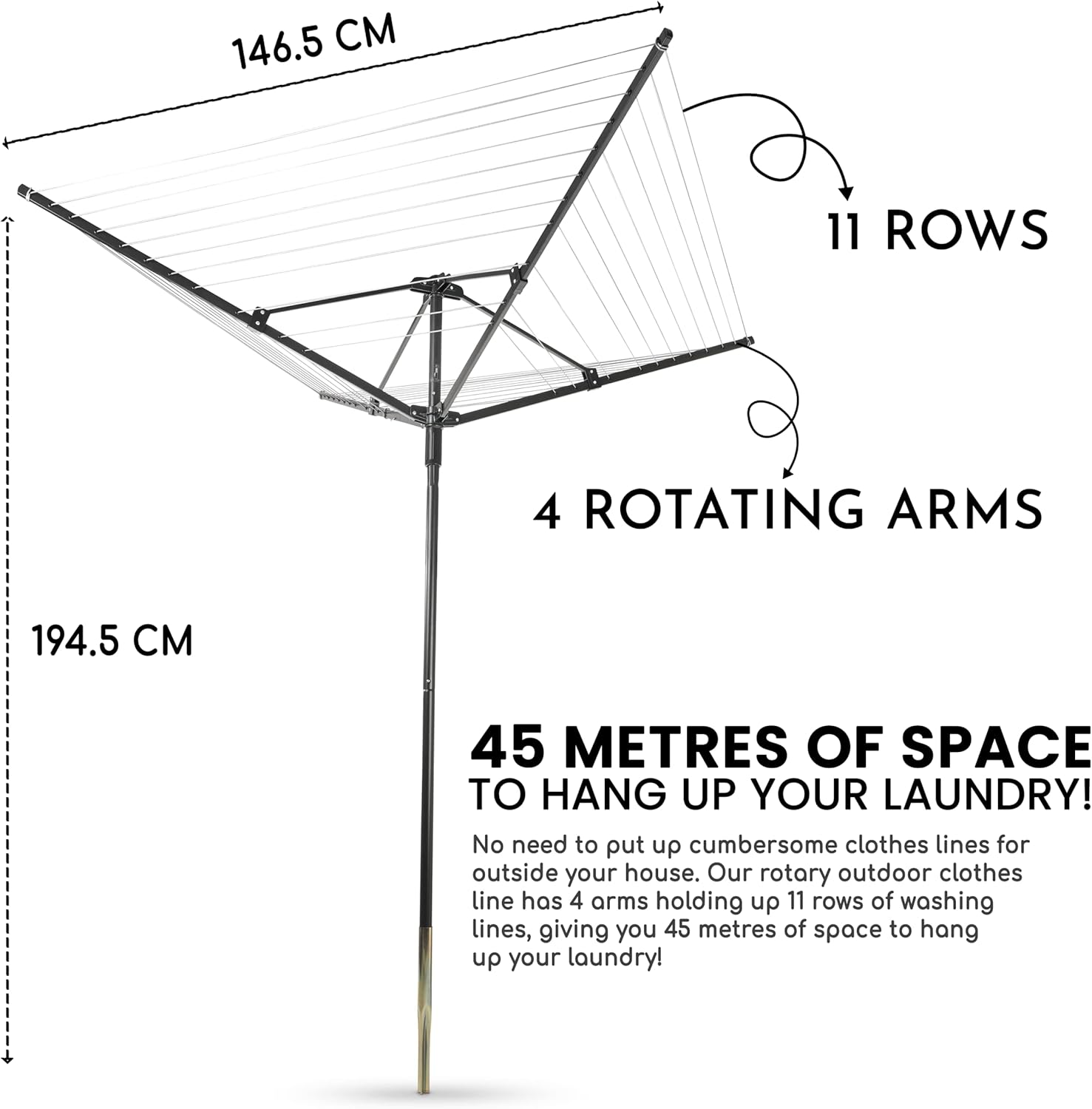 SA Products Rotary Washing Line | 45m Rotating Heavy Duty Clothes Airer Outdoor | Garden 4 Arm Rotary Washing Line | Washing Line Rotary with Ground Spike & Cover