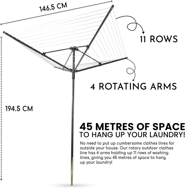 SA Products Rotary Washing Line | 45m Rotating Heavy Duty Clothes Airer Outdoor | Garden 4 Arm Rotary Washing Line | Washing Line Rotary with Ground Spike & Cover