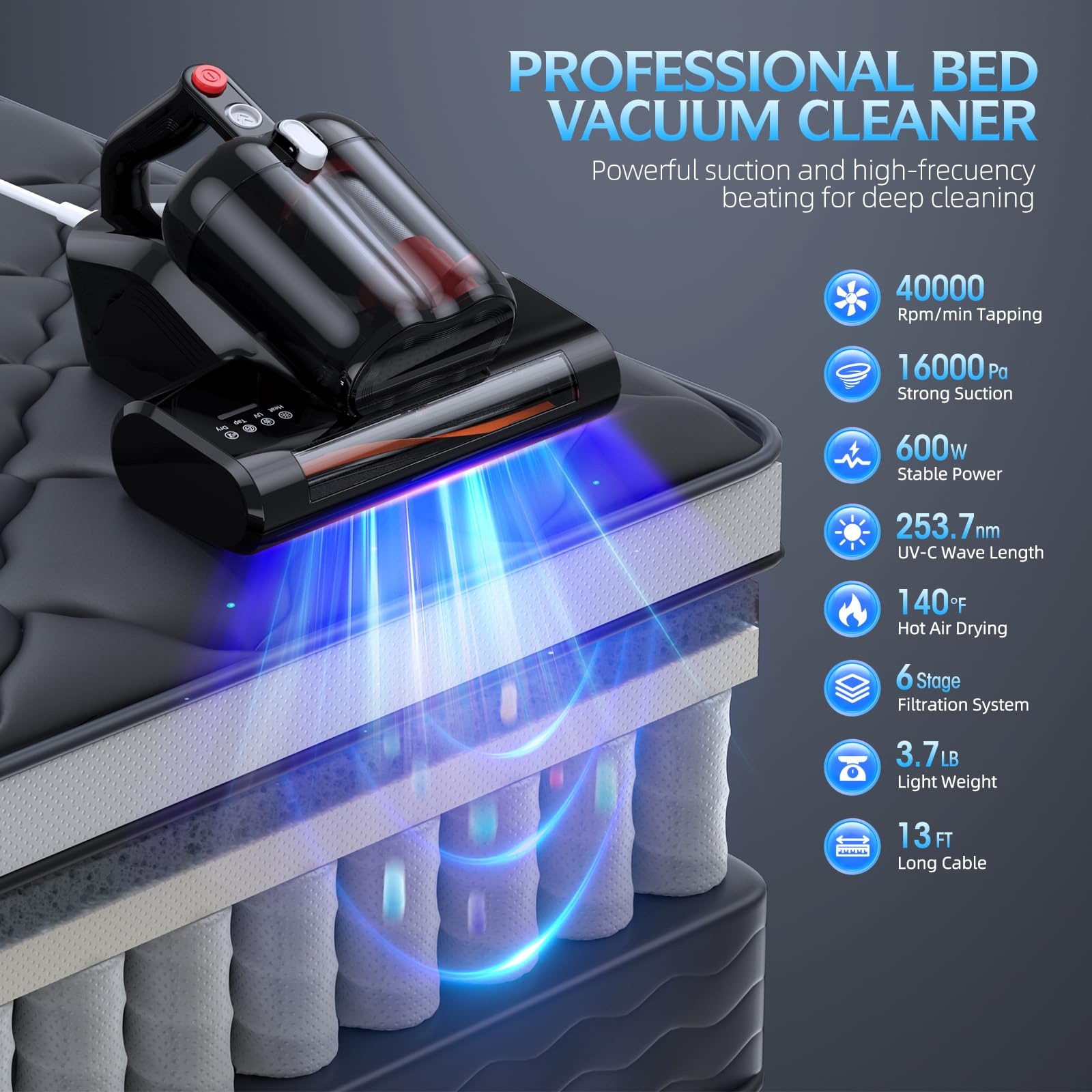 Mattress Vacuum Bed Vacuum Cleaner with 253.7nm UV-C Light 16Kpa Suction 40000 Rpm/Min Brushroll Rotation HEPA Filter Heating Anti Dust-Mite Cleaning
