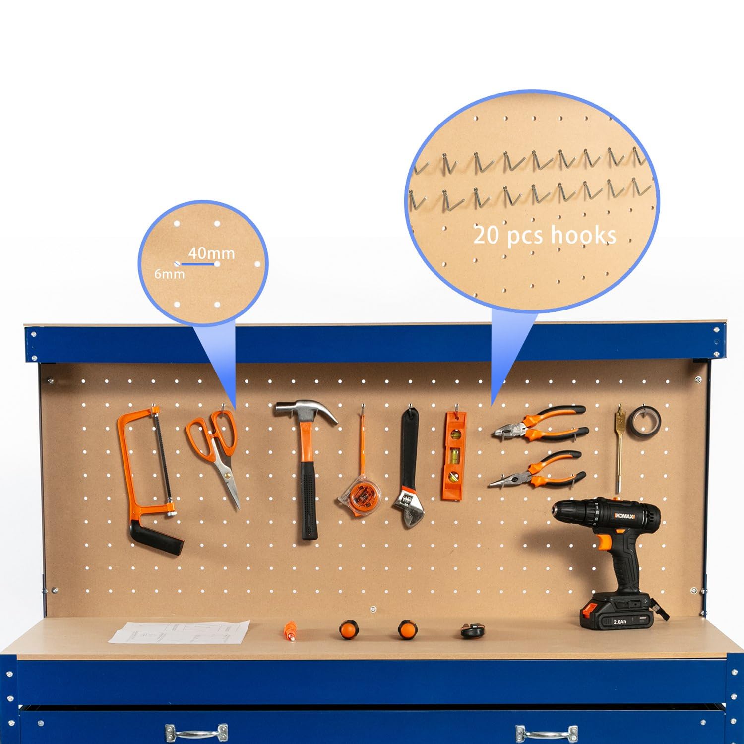 SwitZer New Red Steel Garage Tool Box Toolbox Work Bench Workbench Storage With Drawers Pegboard and 20 Pegs Shelf DIY Workshop Station