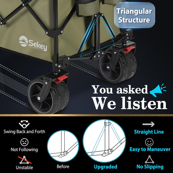 Sekey 200L Folding Festival Trolley with All-Terrain Extra Wide Wheels and Brake, Heavy-Duty Cart Loadable up to 150KG, Patented Four-Directional Foldable Design, Wagon for Beach Camping Outdoor, Grey