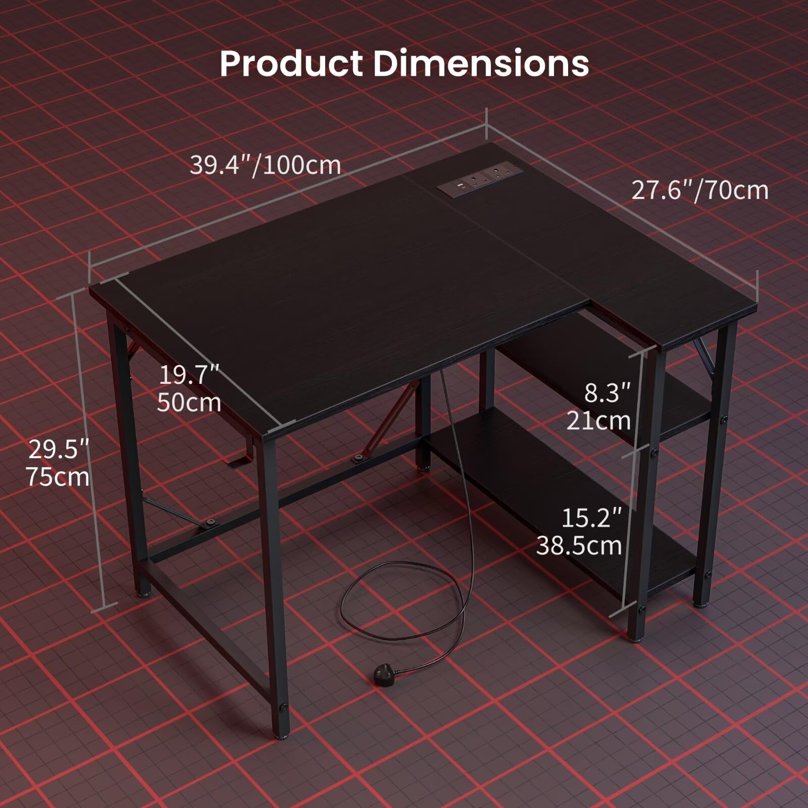 DOMSHOCT L Shaped Gaming Desk with Power Outlets, 100x70cm Corner Computer Desk with Large Reversible Shelves, Home Office Desk with Hooks for Writing