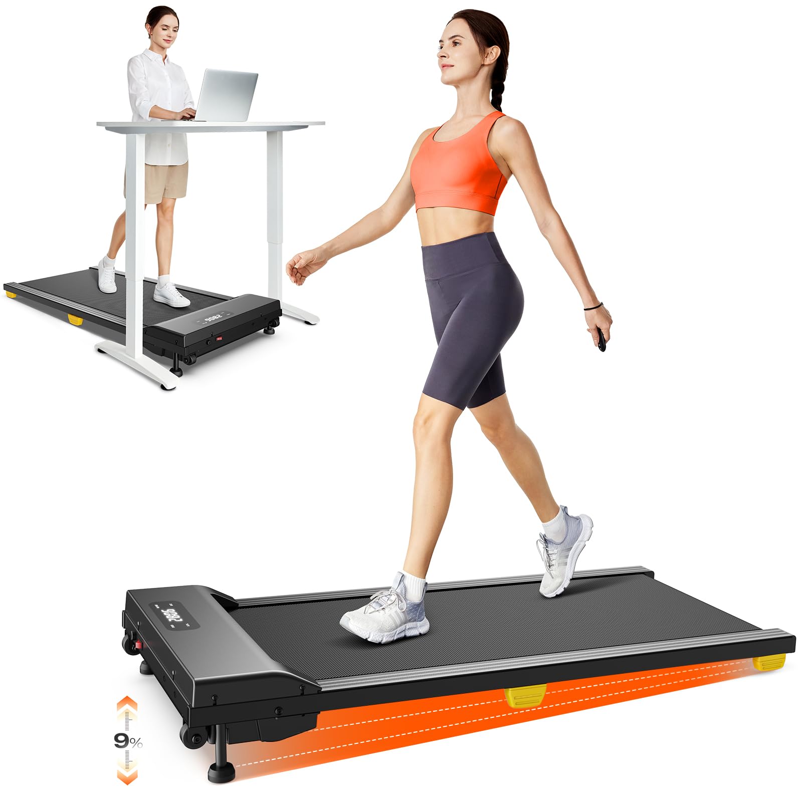 Treadmill with Incline 9%, Walking Pad 1-6 km/h, Under Desk Treadmill with Remote Control and LED Display, Six-Point Shock Absorption