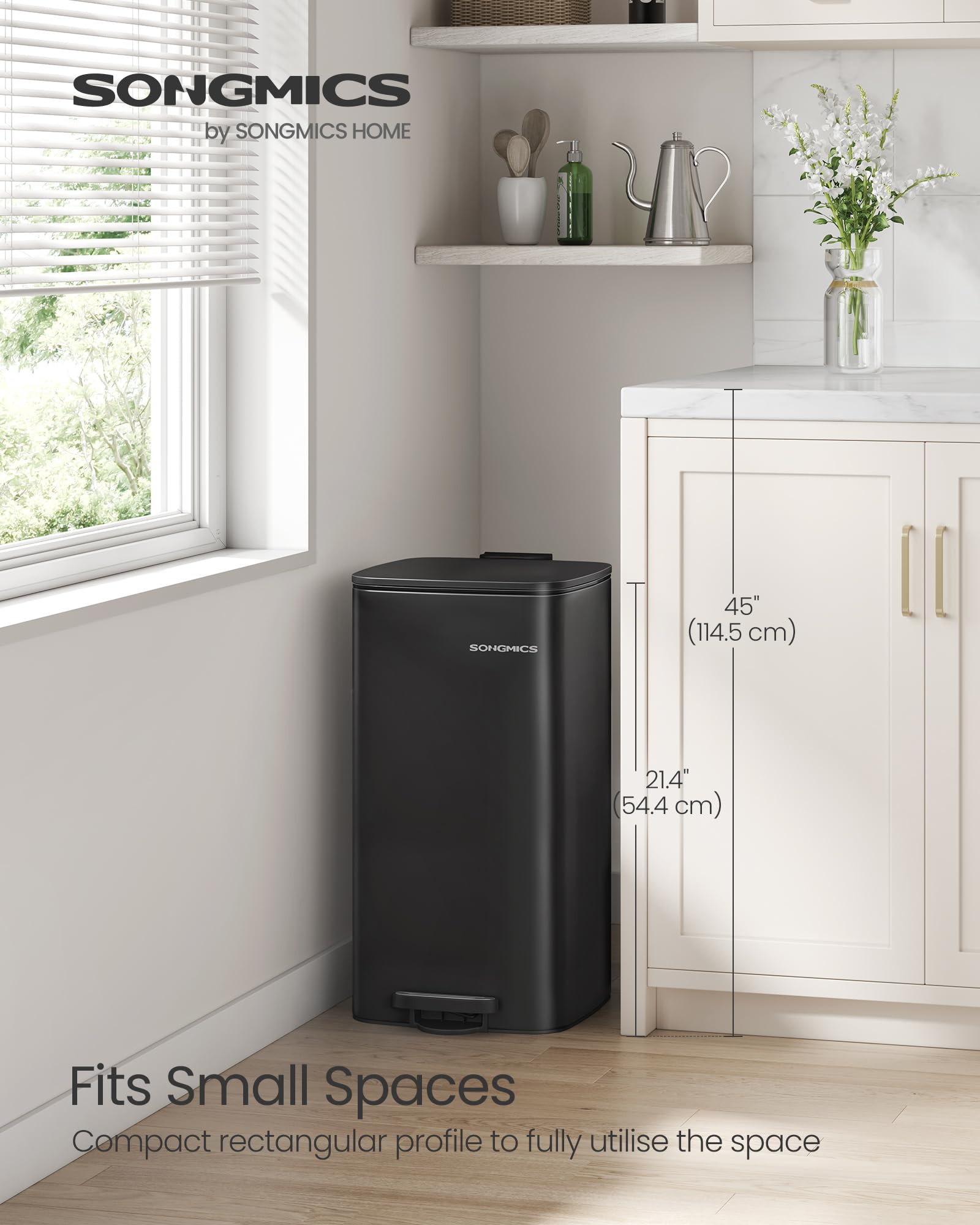 SONGMICS Kitchen Bin, 8-Gallon (30 L) Trash Bin, Steel Pedal Bin, with Inner Bucket, Soft Close and Stays Open, Ink Black LTB593B02