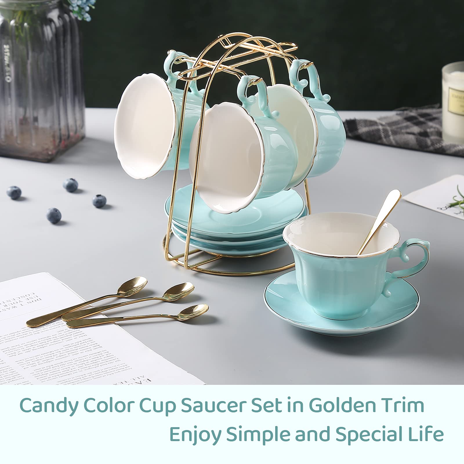 DUJUST Tea Cups and Saucers Set of 4 (8 OZ), Candy Color Tea Cup Set with Golden Trim, Petal Edge Coffee Cups with Metal Stand, Simple Style Porcelain
