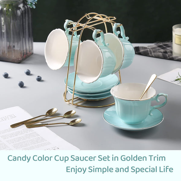 DUJUST Tea Cups and Saucers Set of 4 (8 OZ), Candy Color Tea Cup Set with Golden Trim, Petal Edge Coffee Cups with Metal Stand, Simple Style Porcelain