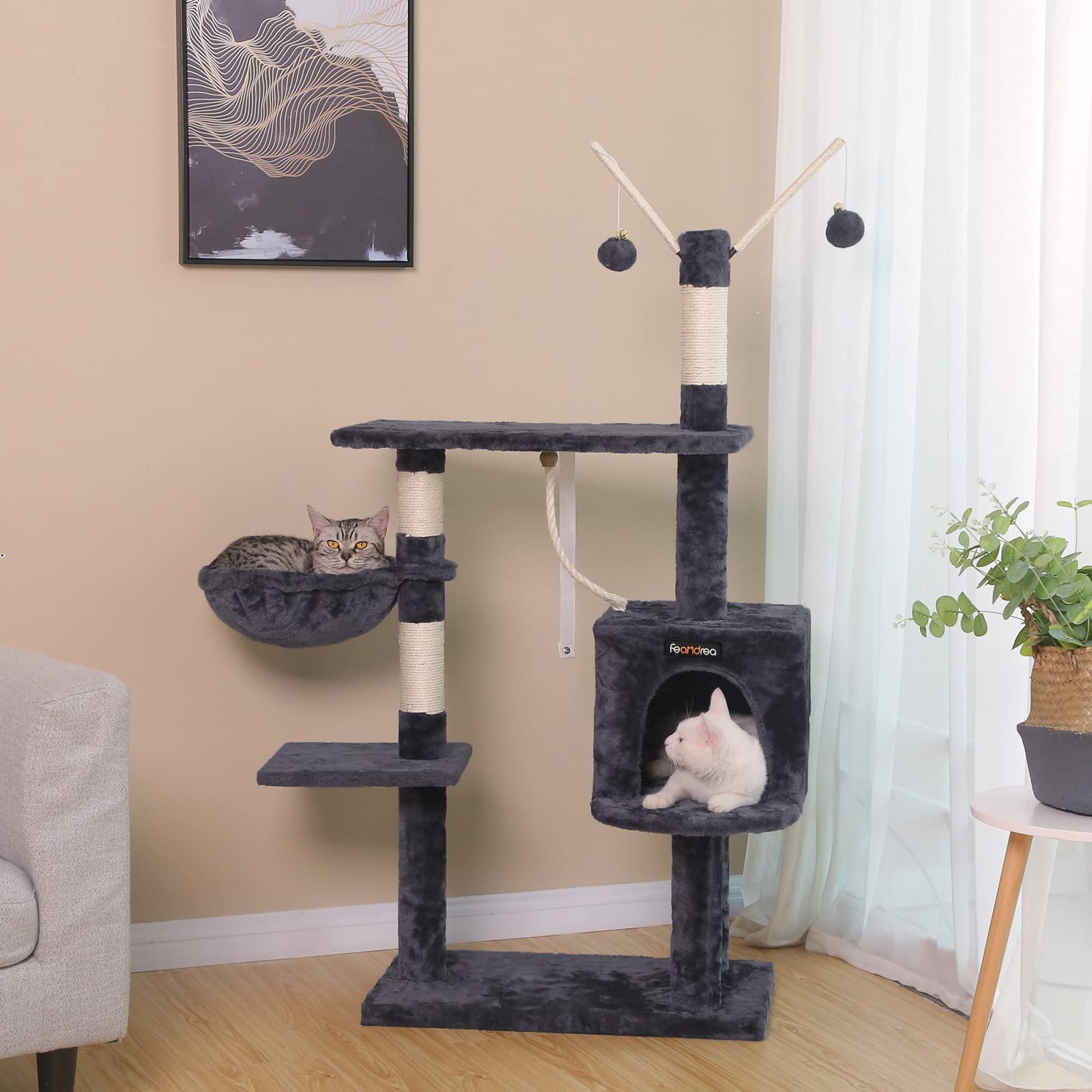 FEANDREA 134 cm Cat Tree Scratcher with big platform cat houses horsetail decorative balls Grey M PCT35G