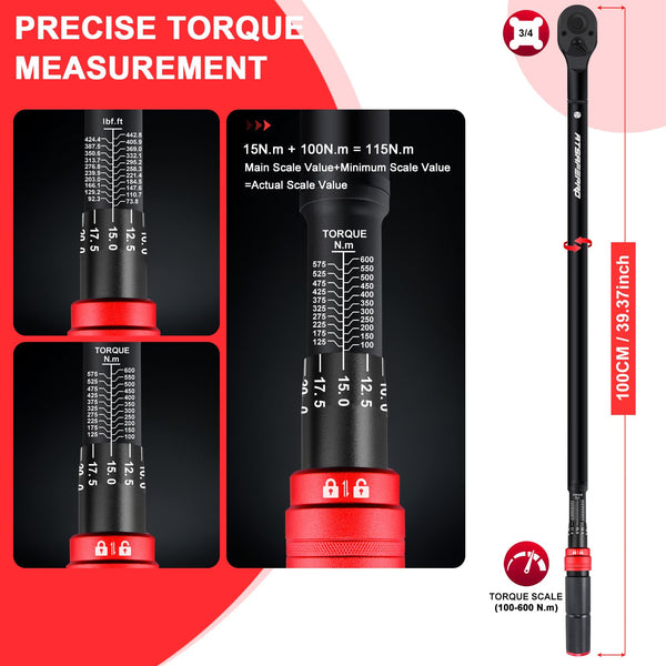 ATsafepro Torque Wrench 3/4 Inch, 100-600 Nm Torque Wrenchs, ±3% Error Accuracy with 48 Teeth Dual-Direction Adjustable for Repair of Car, Truck, Tractor