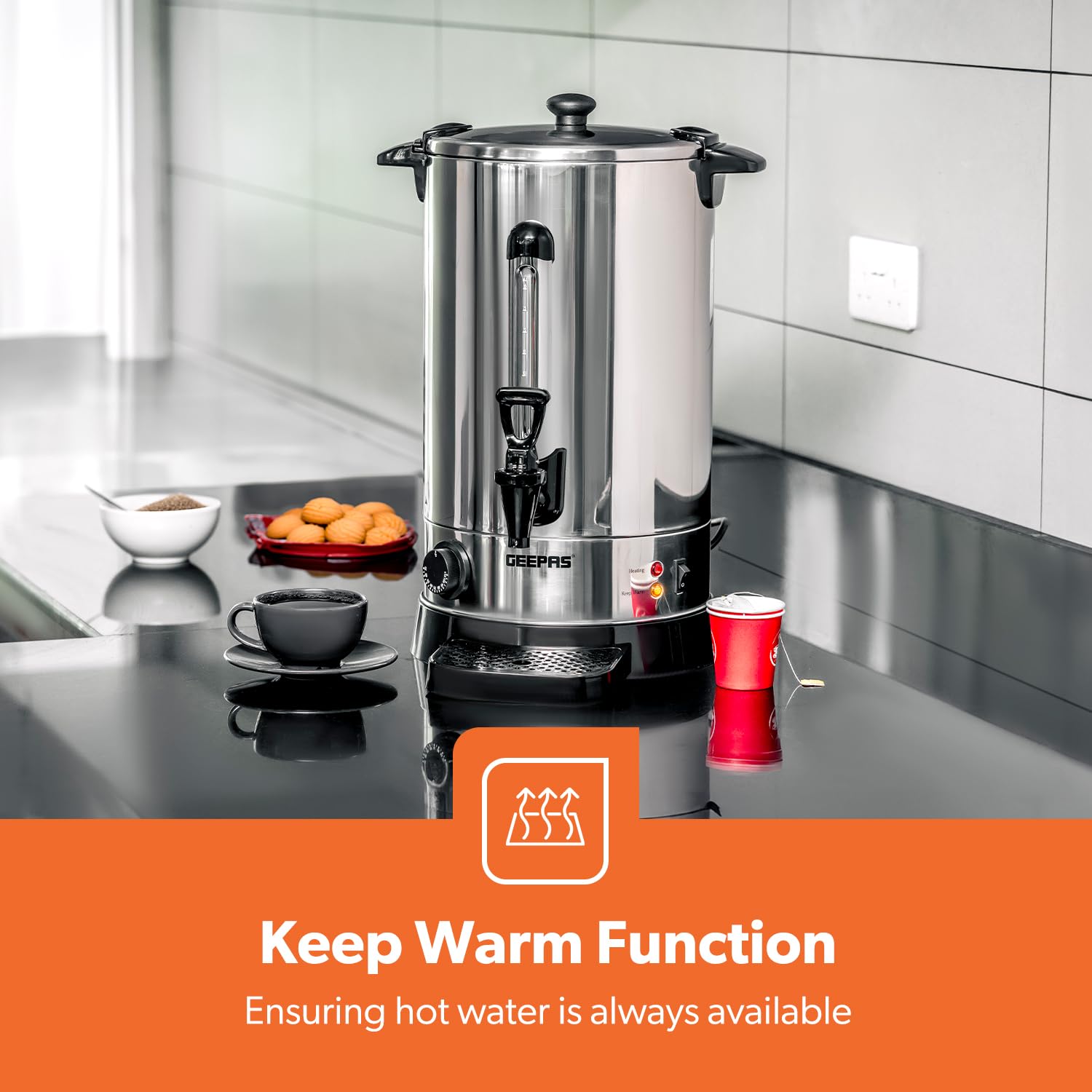Geepas Electric Catering Urn, 1650W Instant Hot Water Boiler Dispenser - Tea Urn Kettle Home Brewing Commercial Office Use with Keep Warm - Easy Pour Tap, 15 Litre, Stainless Steel – 2 Year Warranty