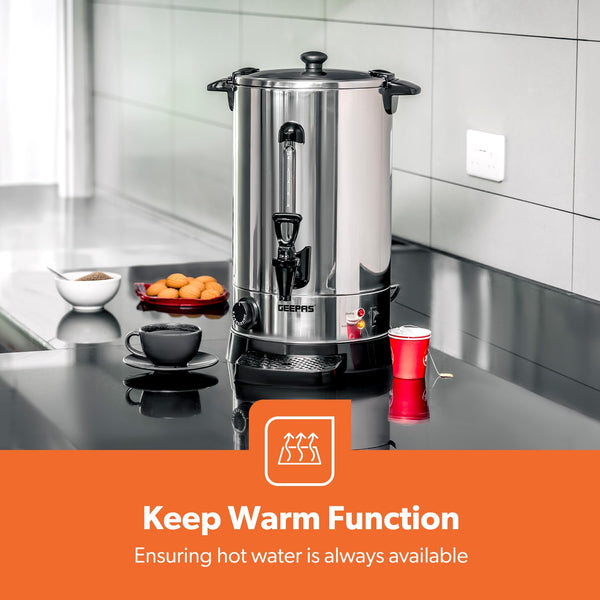 Geepas Electric Catering Urn, 1650W Instant Hot Water Boiler Dispenser - Tea Urn Kettle Home Brewing Commercial Office Use with Keep Warm - Easy Pour Tap, 15 Litre, Stainless Steel – 2 Year Warranty