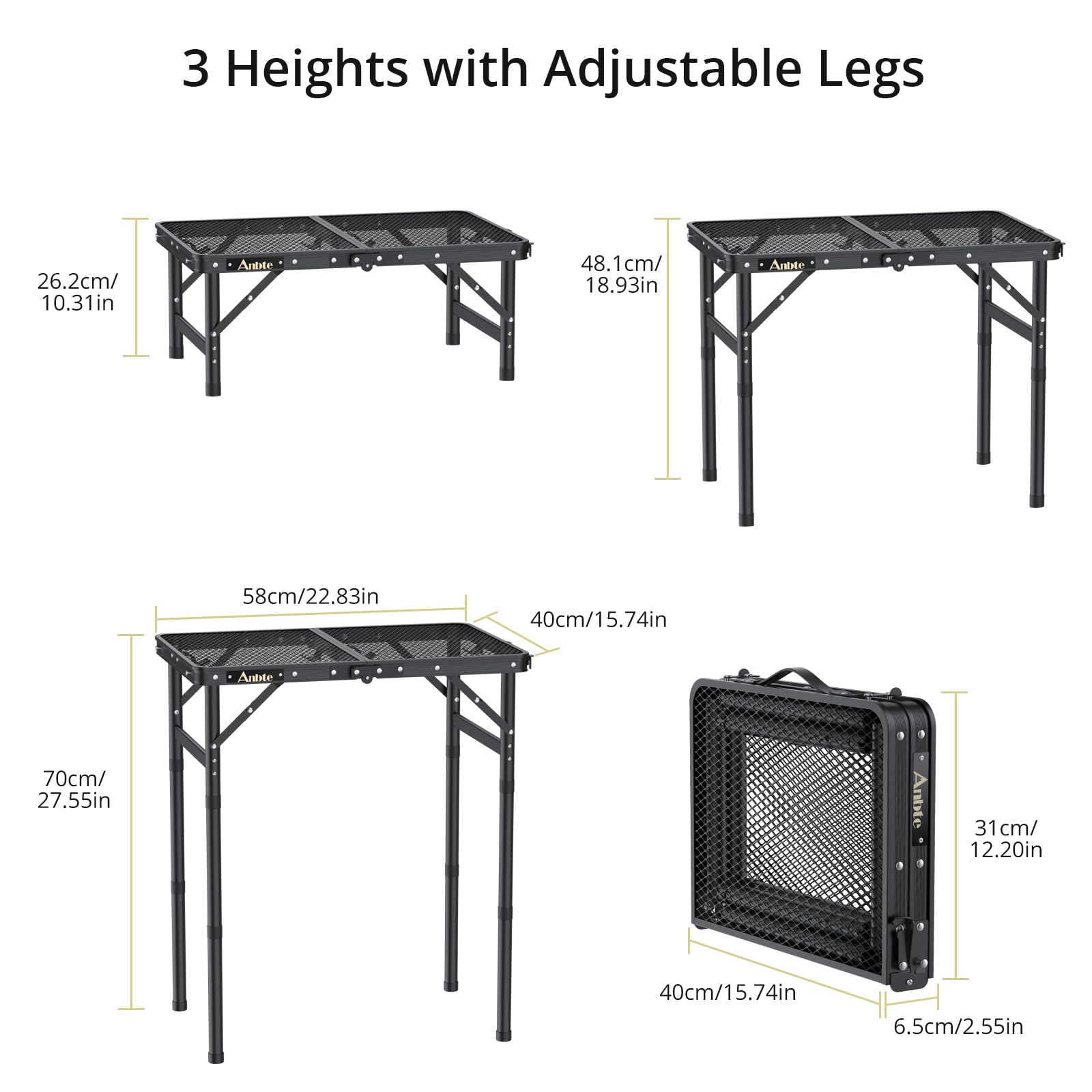 Anbte Folding Grill Table, 3 Adjustable Heights Aluminum Camping Table with Heat-Resistant Mesh Desktop, Lightweight outdoor Table, Portable Handle