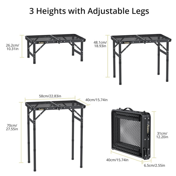 Anbte Folding Grill Table, 3 Adjustable Heights Aluminum Camping Table with Heat-Resistant Mesh Desktop, Lightweight outdoor Table, Portable Handle