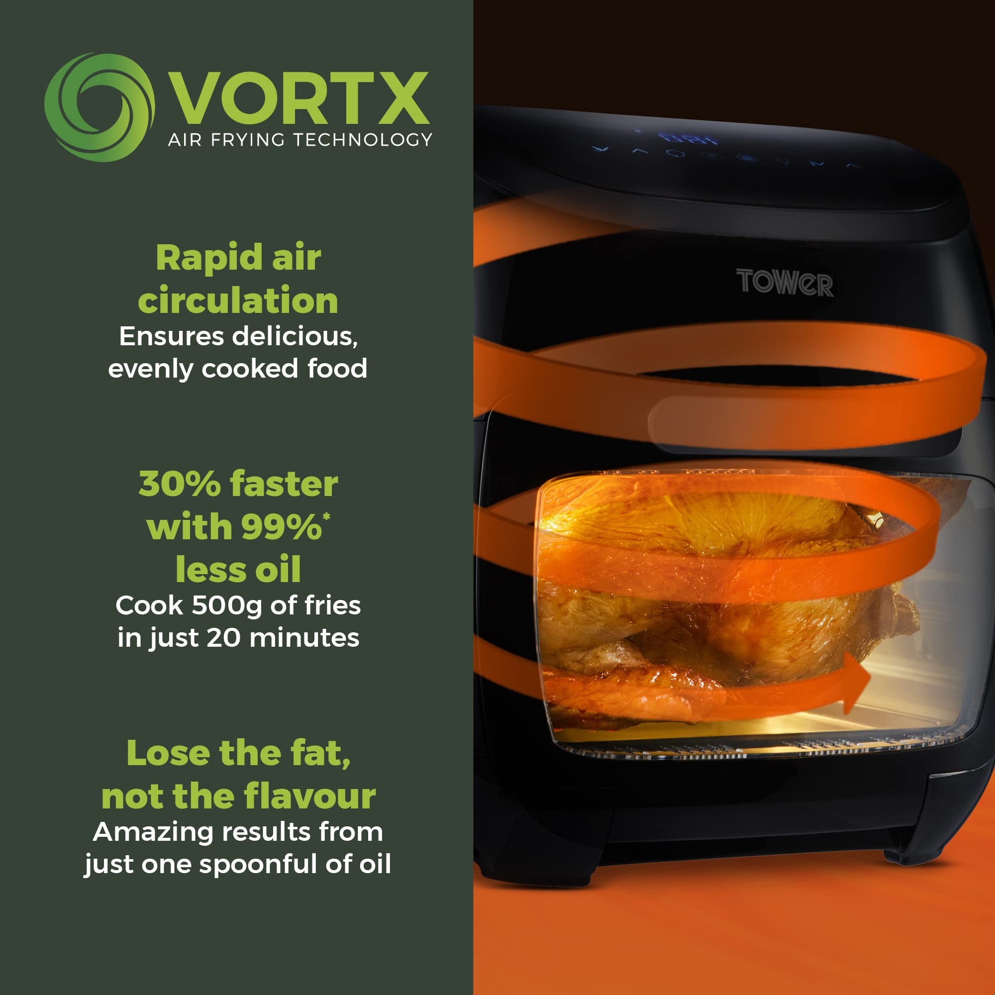 Tower T17122 Vortx Platinum Xpress Digital 30L Air Fryer Oven with Vizion Viewing Window, 18 Cooking Options, 2 Hour Timer, 1800W, Black