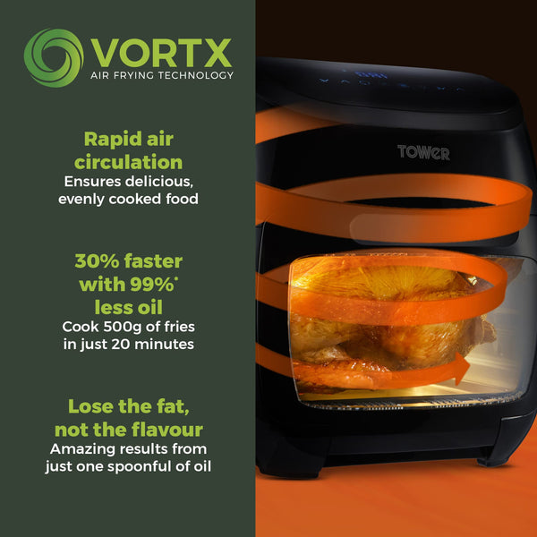 Tower T17122 Vortx Platinum Xpress Digital 30L Air Fryer Oven with Vizion Viewing Window, 18 Cooking Options, 2 Hour Timer, 1800W, Black