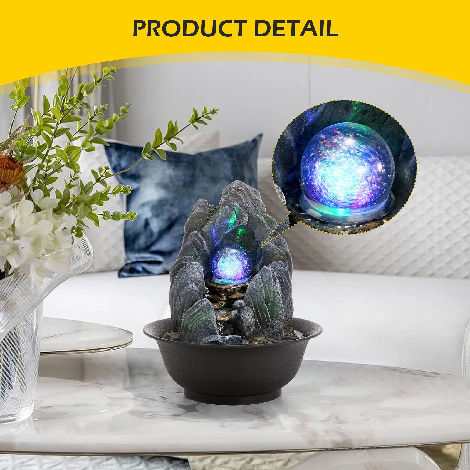 Dyna-Living Indoor Fountain, Tabletop Water Fountain, Rockery Meditation Water Fountain with LED Crystal Ball, Indoor Water Feature for Home Office