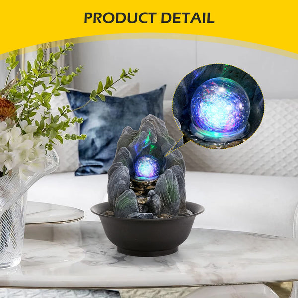 Dyna-Living Indoor Fountain, Tabletop Water Fountain, Rockery Meditation Water Fountain with LED Crystal Ball, Indoor Water Feature for Home Office