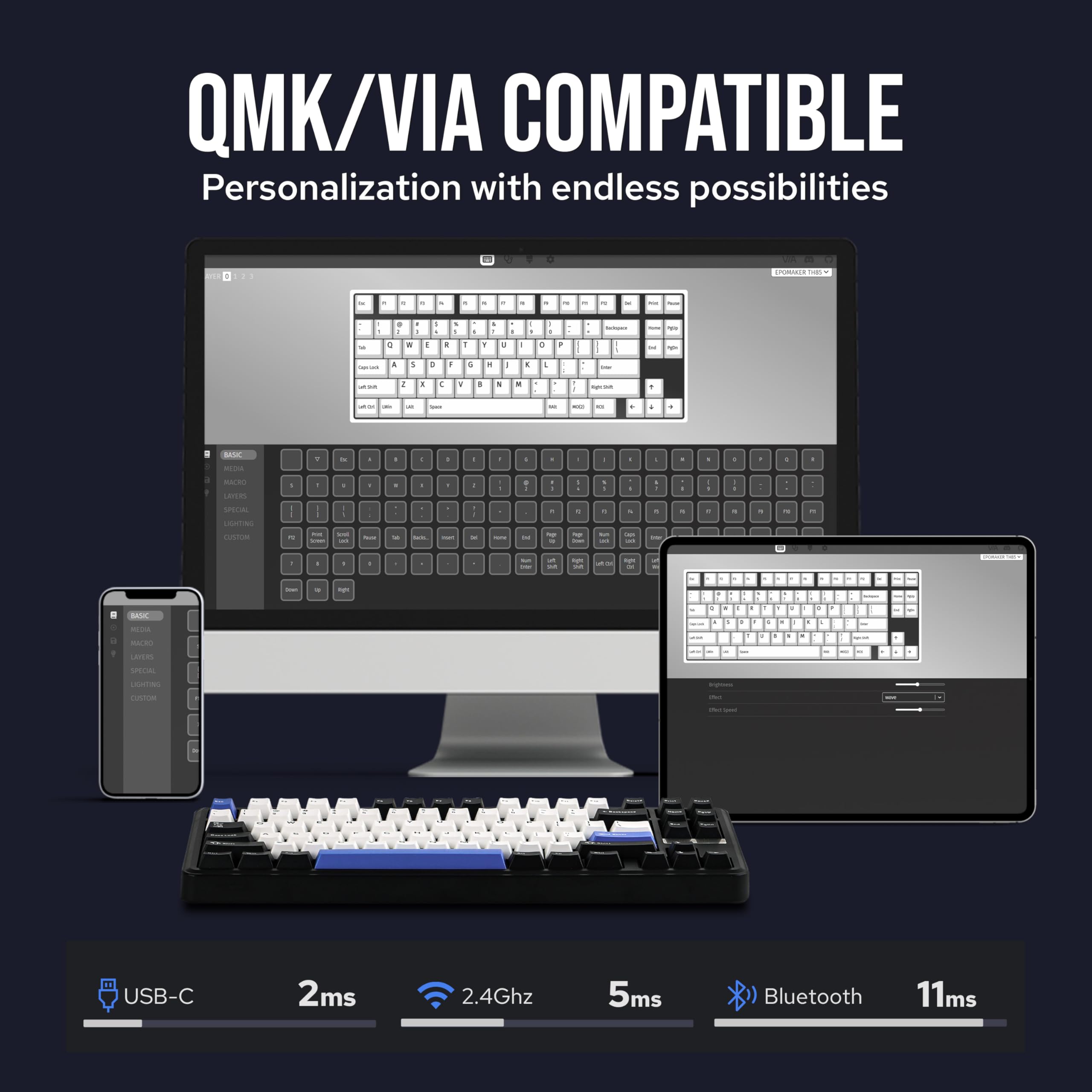 EPOMAKER TH85 QMK/VIA Mechanical Gaming Keyboard, BT/2.4Ghz Wireless, RGB, Hot-Swappable & Programmable Keys in US 75% Layout (Black&White, Creamy Jade Switch)