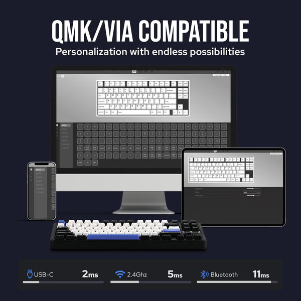EPOMAKER TH85 QMK/VIA Mechanical Gaming Keyboard, BT/2.4Ghz Wireless, RGB, Hot-Swappable & Programmable Keys in US 75% Layout (Black&White, Creamy Jade Switch)