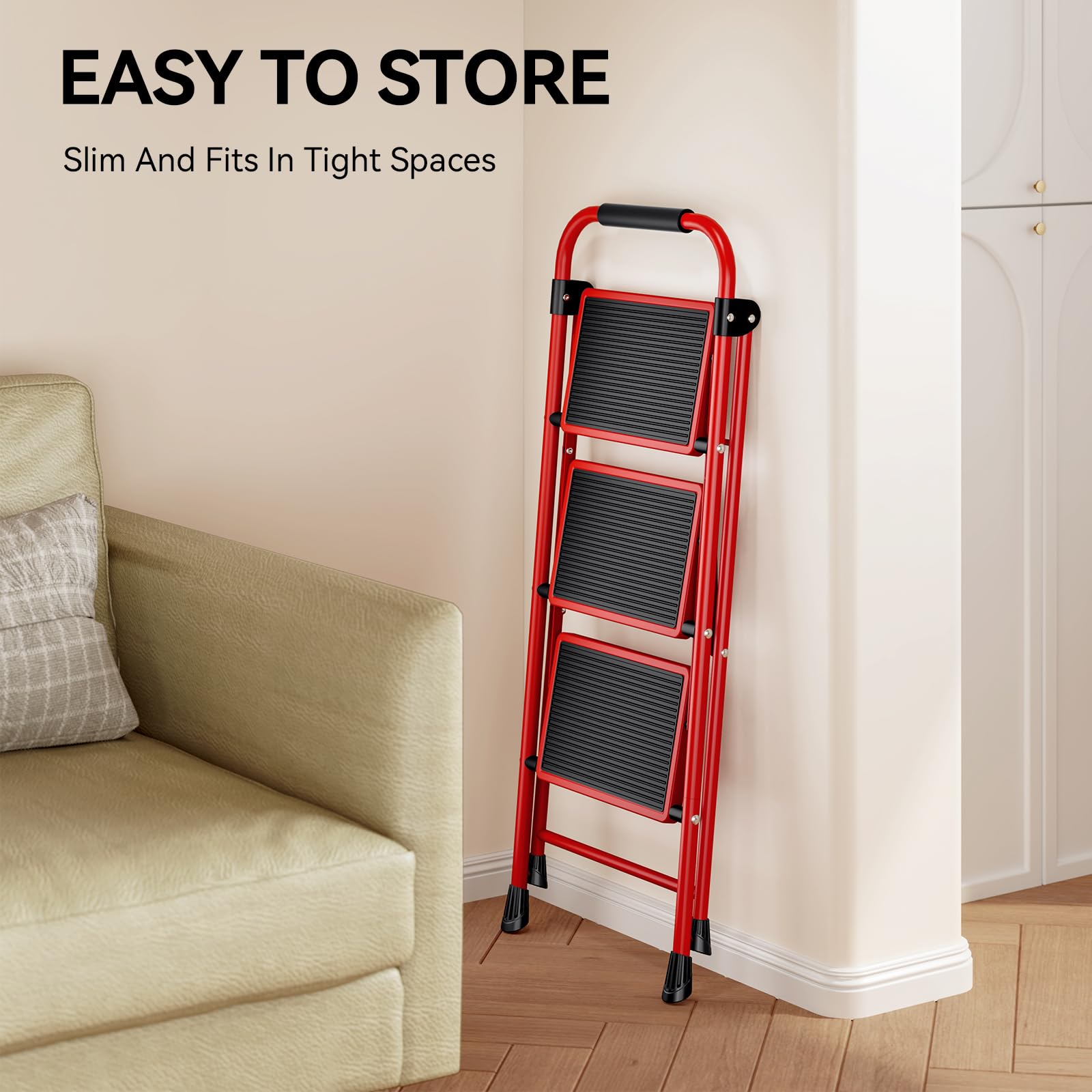 KINGRACK 2 Step Ladder with Handrail, Non-Slip Household Ladder with Folding Safety, Aluminium Folding Step Stool, Maximum Load 150 kg, Black