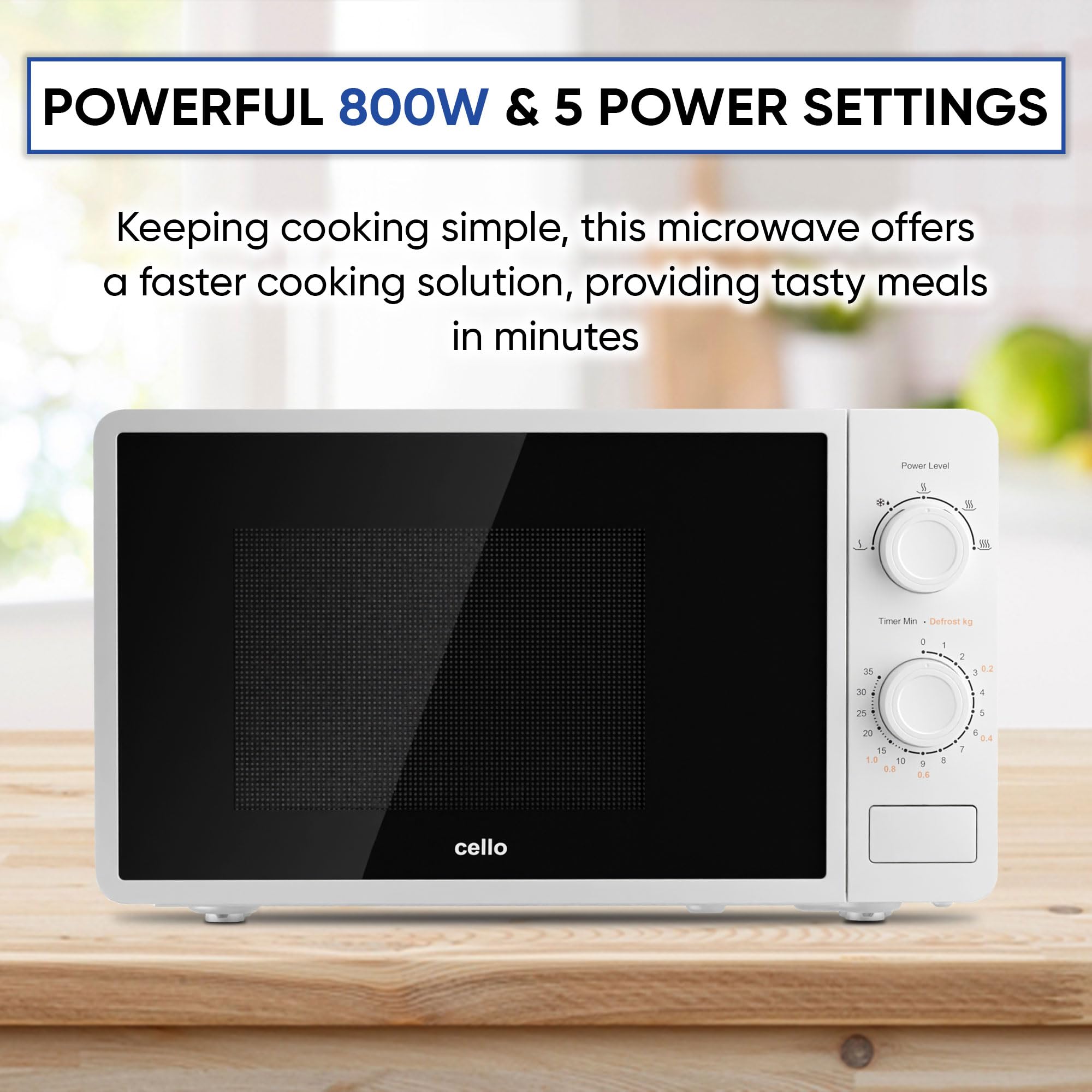 Cello 800W Microwave Oven with 20 Litre Capacity 5 Power levels and defrost function, White, Manual control, Clock kitchen timer WEMA10