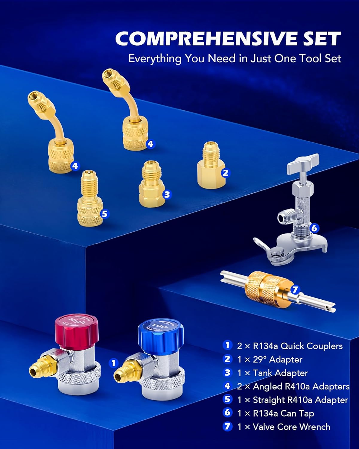Orion Motor Tech AC Manifold Gauge Set for R410a R22 R134a Refrigerant, 4 Valve Automotive AC Gauge Set with Antishock Gauges Hoses Couplers Adapters, Puncturing Can Tap Freon Recharge Kit, Black Case