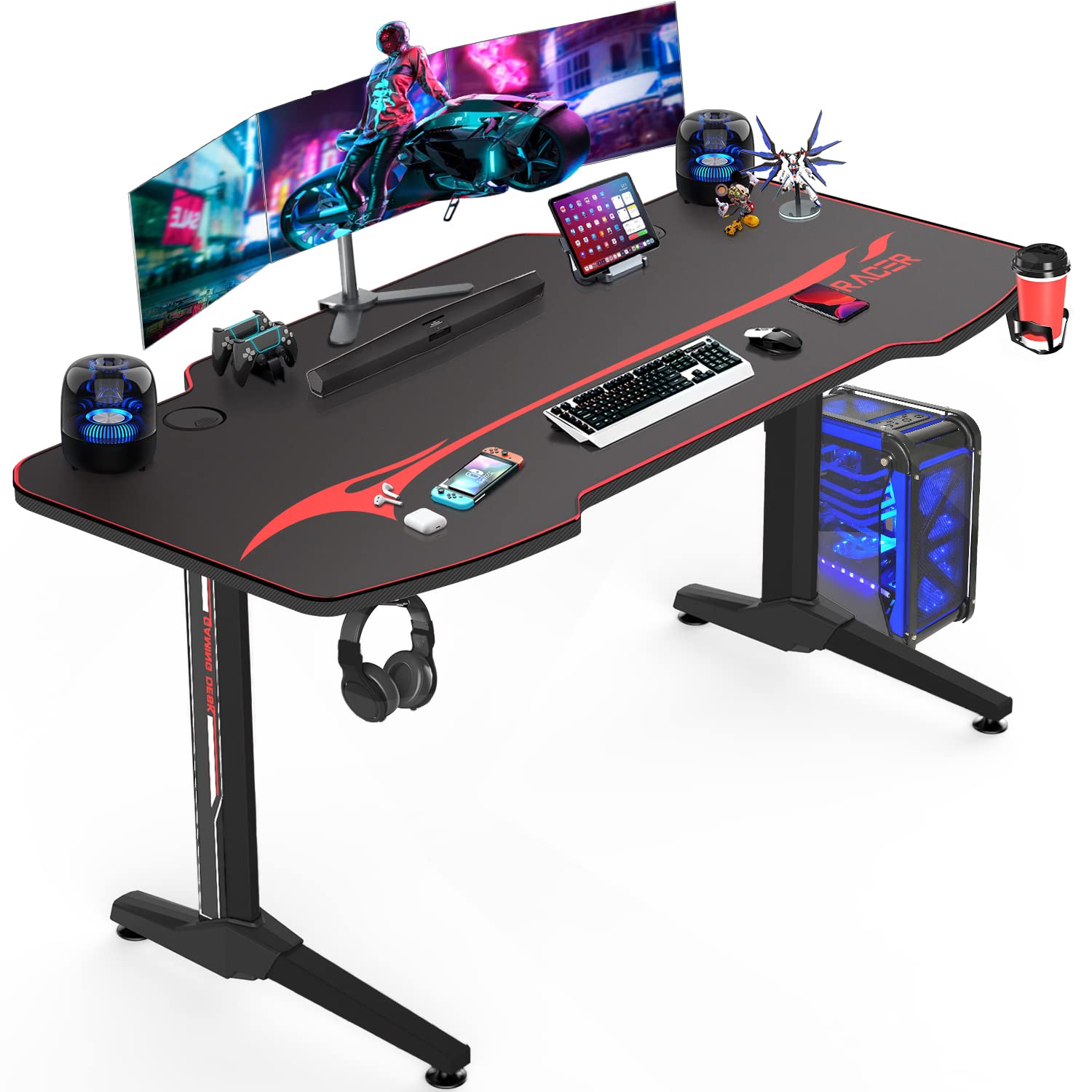 Homall Gaming Desk 140 x 60cm Large Computer Table PC Gaming Desk for Home Office, Metal Frame Gaming Table with Cable Tray and Headphone Hook, Black