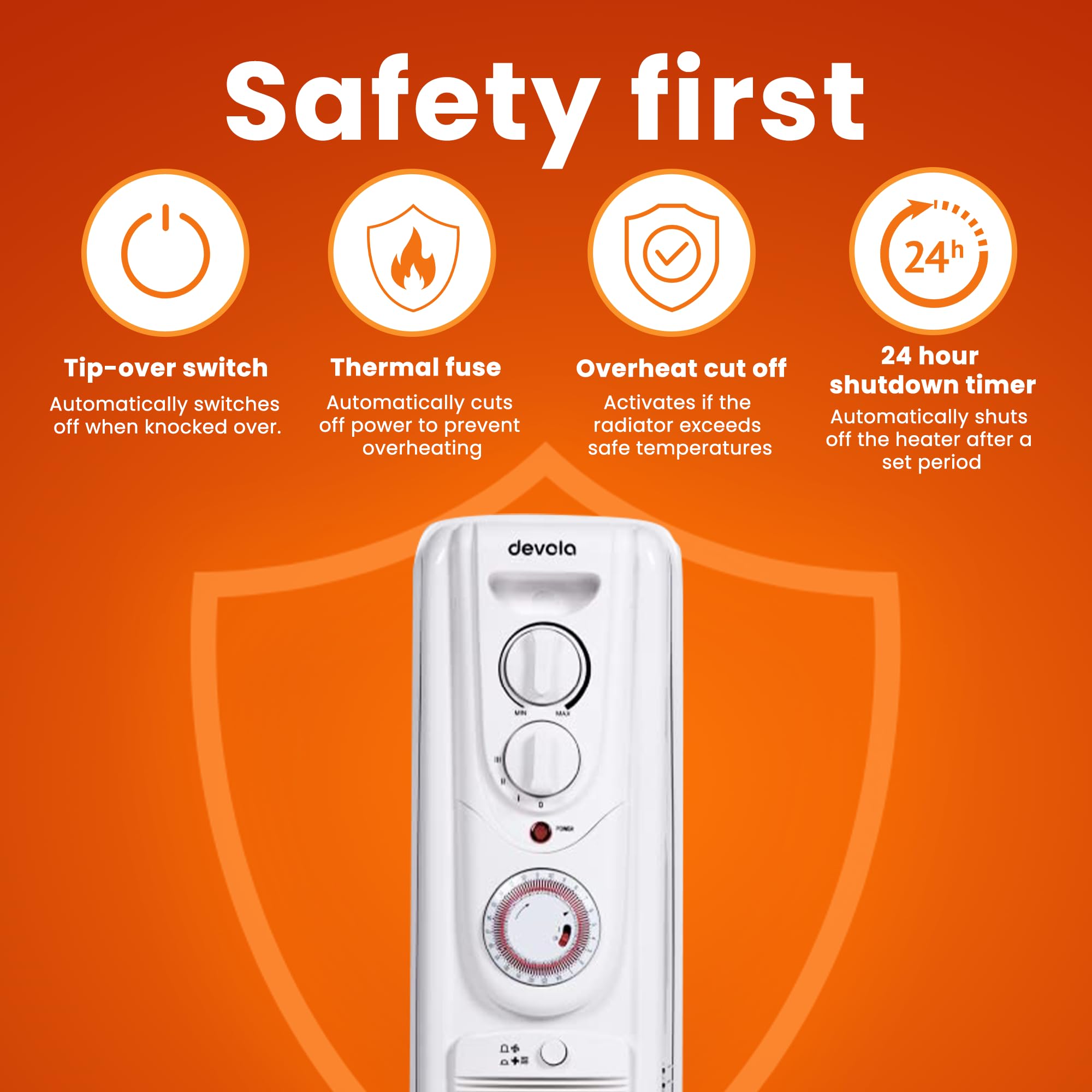 Devola 1500W 5 Fin Oil Filled Radiator, Low Energy Electric Heater with Thermal Fuse for Overheat Cut Off, Adjustable Heating Dial, Turbo Heating Option via PTC Fan, 24 Hour Timer - DVSOR5F15W (White)