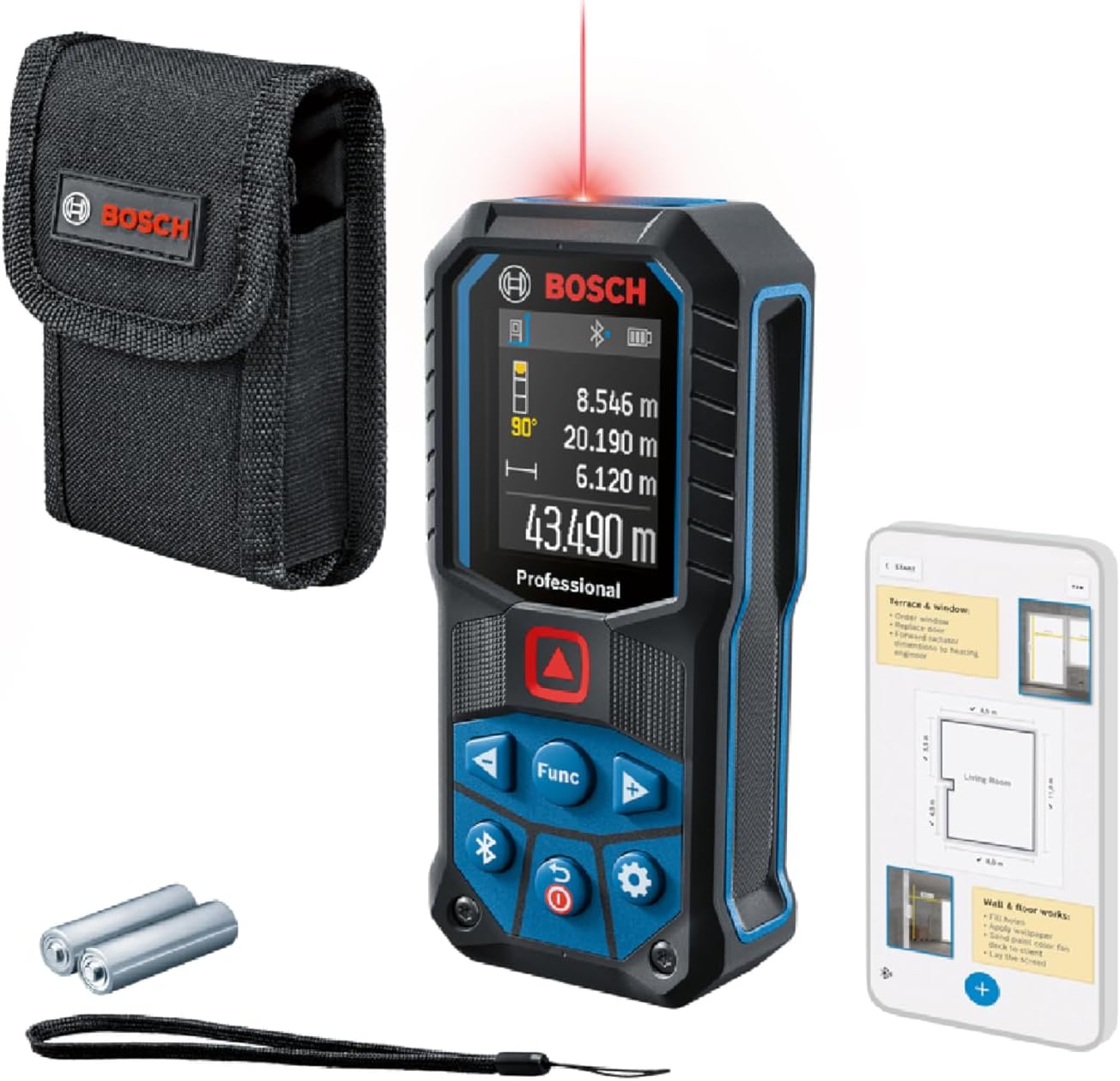 Bosch Professional Laser Measure GLM 50-27 C (Range: up to 50m, Robust, IP65, Data Transfer via Bluetooth, 2x AA Batteries, Hand Strap, Pouch)