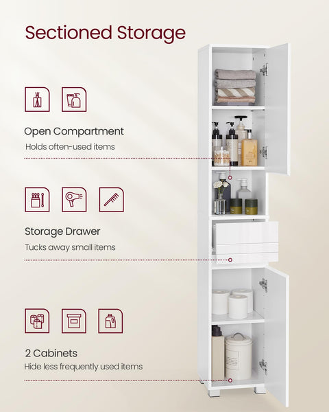 VASAGLE Tall Bathroom Cabinet, Slim Storage Cabinet, Narrow Cupboard, Bathroom Storage Unit, with a Drawer, Adjustable Shelves, 30 x 30 x 170 cm, White BBC560P31
