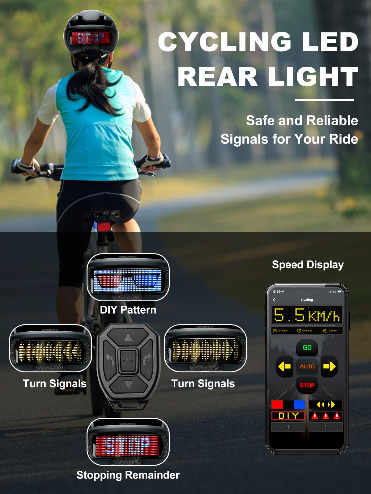 TMEOIIPY Smart App Program Bike Helmet, Back LED Lights Display with USB Rechargeable, Road Bicycle Helmets for Adults: Men, Women, with Turn Signals Remote Control