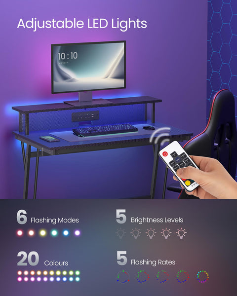 VASAGLE Gaming Desk with LED Lights and Built-In Power Outlets, Computer Desk with Monitor Shelf, Gaming Table for 2 Monitors, Office Desk, for Bedroom, 60 x 120 x 76 cm, Carbon Black LWD292B02