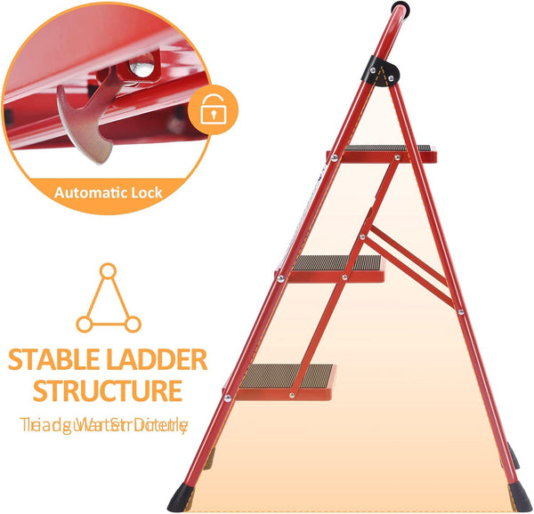 KINGRACK Folding 3-Step Ladder with Non-Slip Pedals, Sturdy Steel, Lightweight & Portable, Red