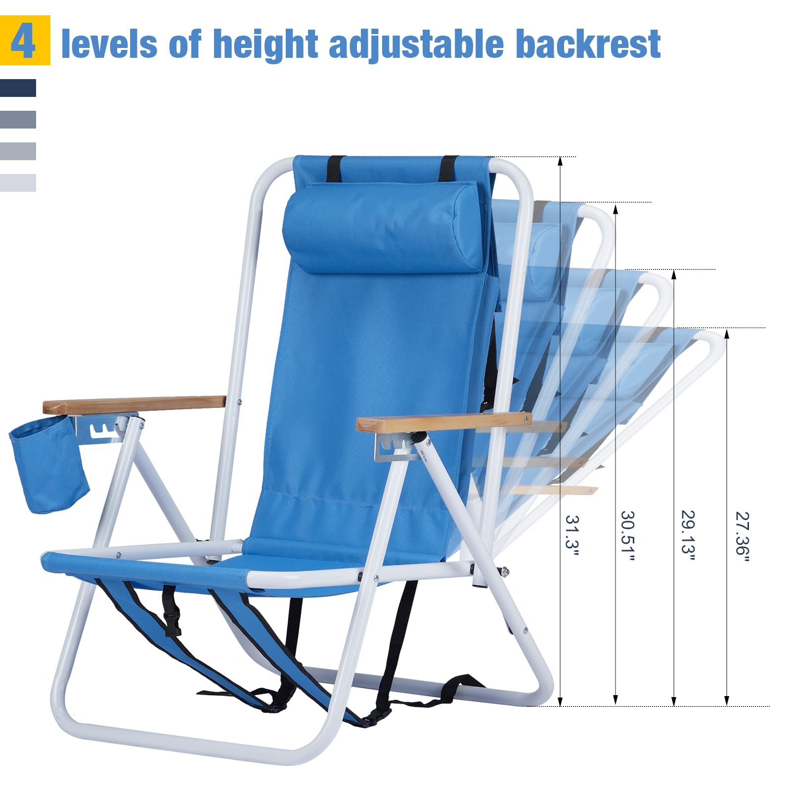 Outopee Set of 2 Folding Beach Chair, Portable Camping Backpack Beach Chair with 4 Level Positions, Adjustable Headrest, Cup Holder for Fishing Poolside Picnic, 120kg Capacity, Blue
