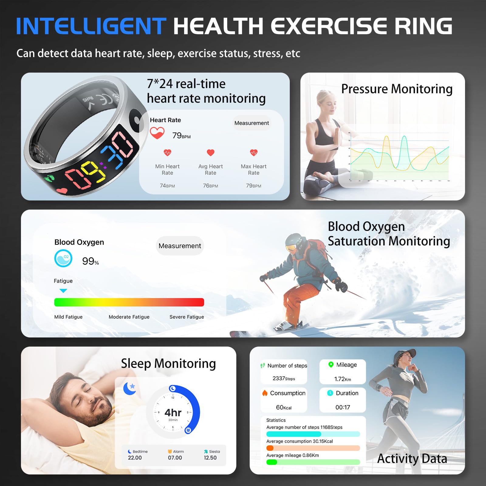 Smart Ring for Men Women, Sleep & Heart Rate Monitor Health Ring, Fitness Ring Heart Rate Blood Oxygen Sleep Monitor Step Counter Activity Tracker for Android iOS with Charging Case (#12-Y)