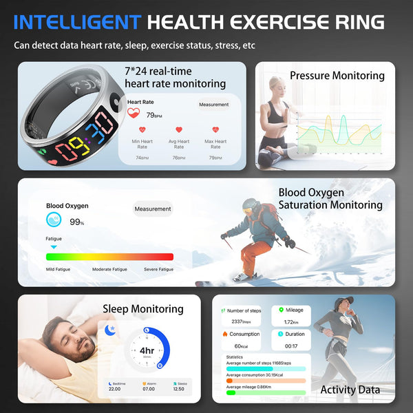 Smart Ring for Men Women, Sleep & Heart Rate Monitor Health Ring, Fitness Ring Heart Rate Blood Oxygen Sleep Monitor Step Counter Activity Tracker for Android iOS with Charging Case (#12-Y)