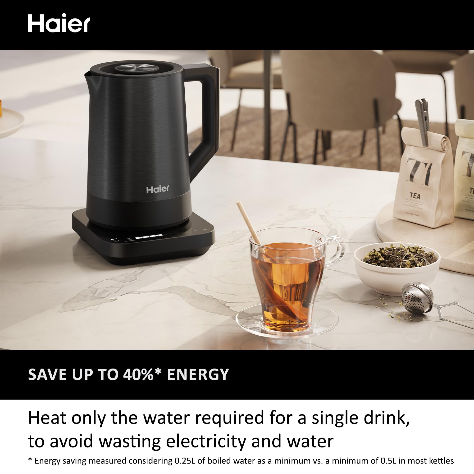 Haier Kettle, I-Master Series 5, 7 Temperature Settings, Keep Warm Function, Stainless Steel, hOn App, 3000W, Black [HKE5A]