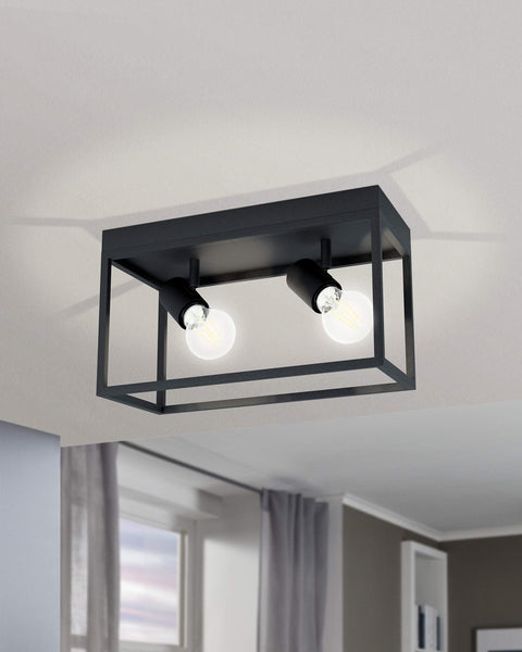 Eglo Silentina 2-Buld Flush Ceiling Light, Industrial Design Living Room, Kitchen and Hallway Ceiling Spotlight, Black Steel Pendant Lighting