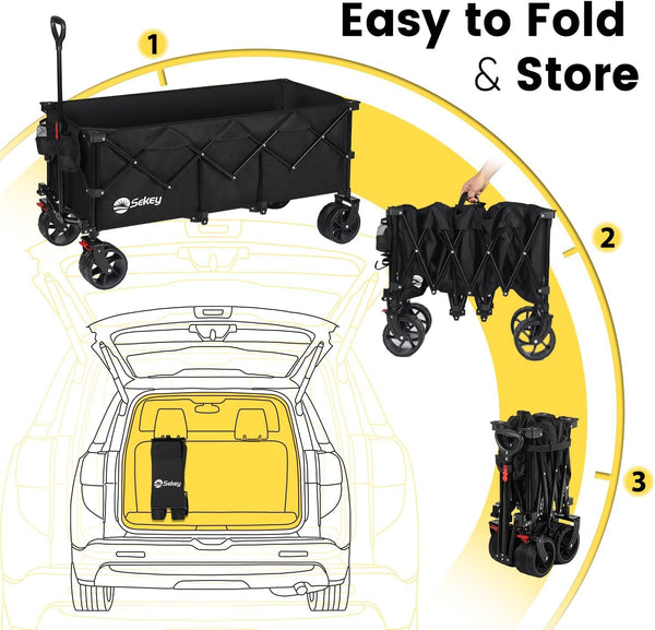 Sekey 200L Folding Festival Trolley with All-Terrain Extra Wide Wheels and Brake, Heavy-Duty Cart Loadable up to 150KG, Patented Four-Directional Foldable Design, Wagon for Beach Camping Outdoor, Grey