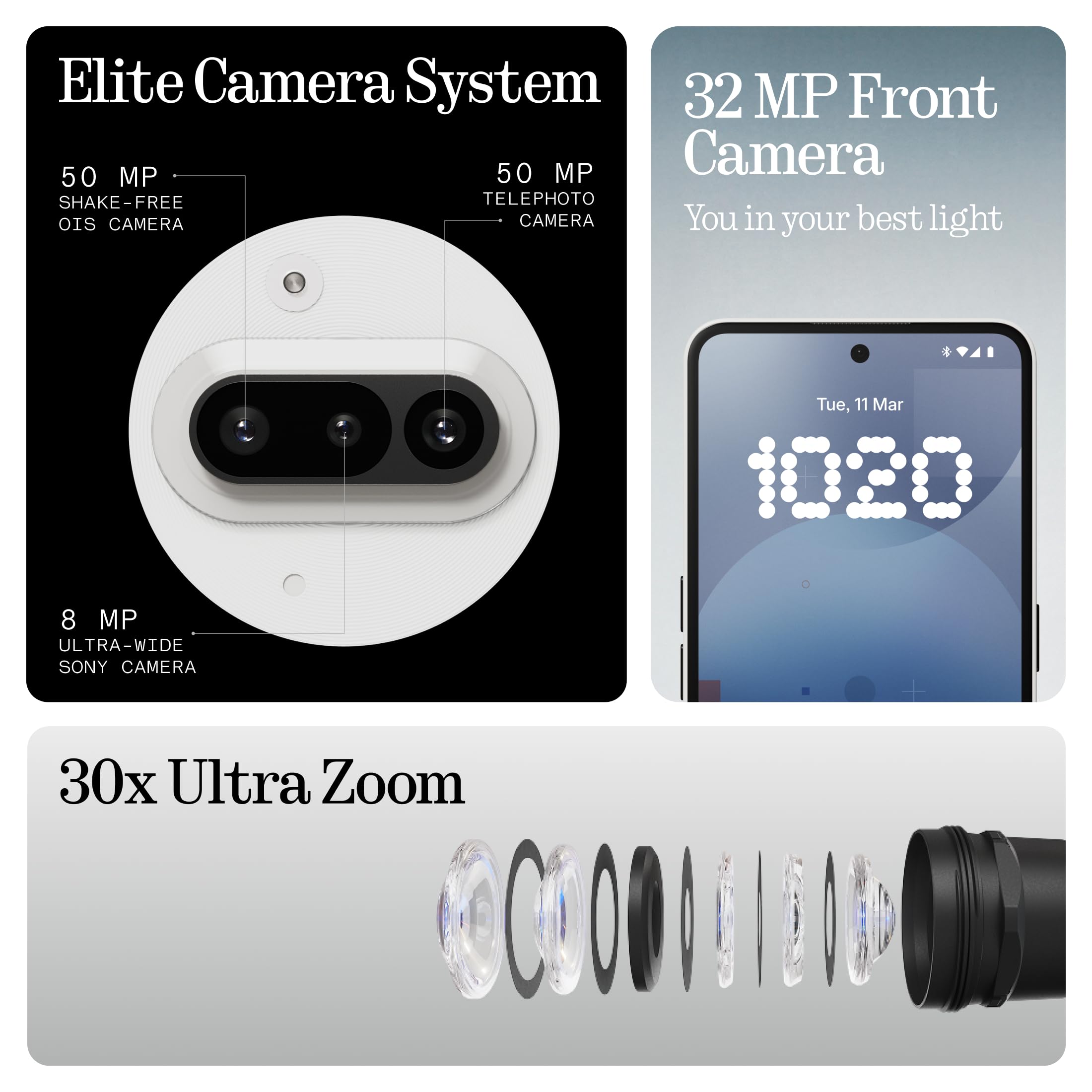Nothing Phone (3a) 128 GB - mobile phone with 32 MP front camera, 30x ultra zoom - White + Nothing Ear (a) White
