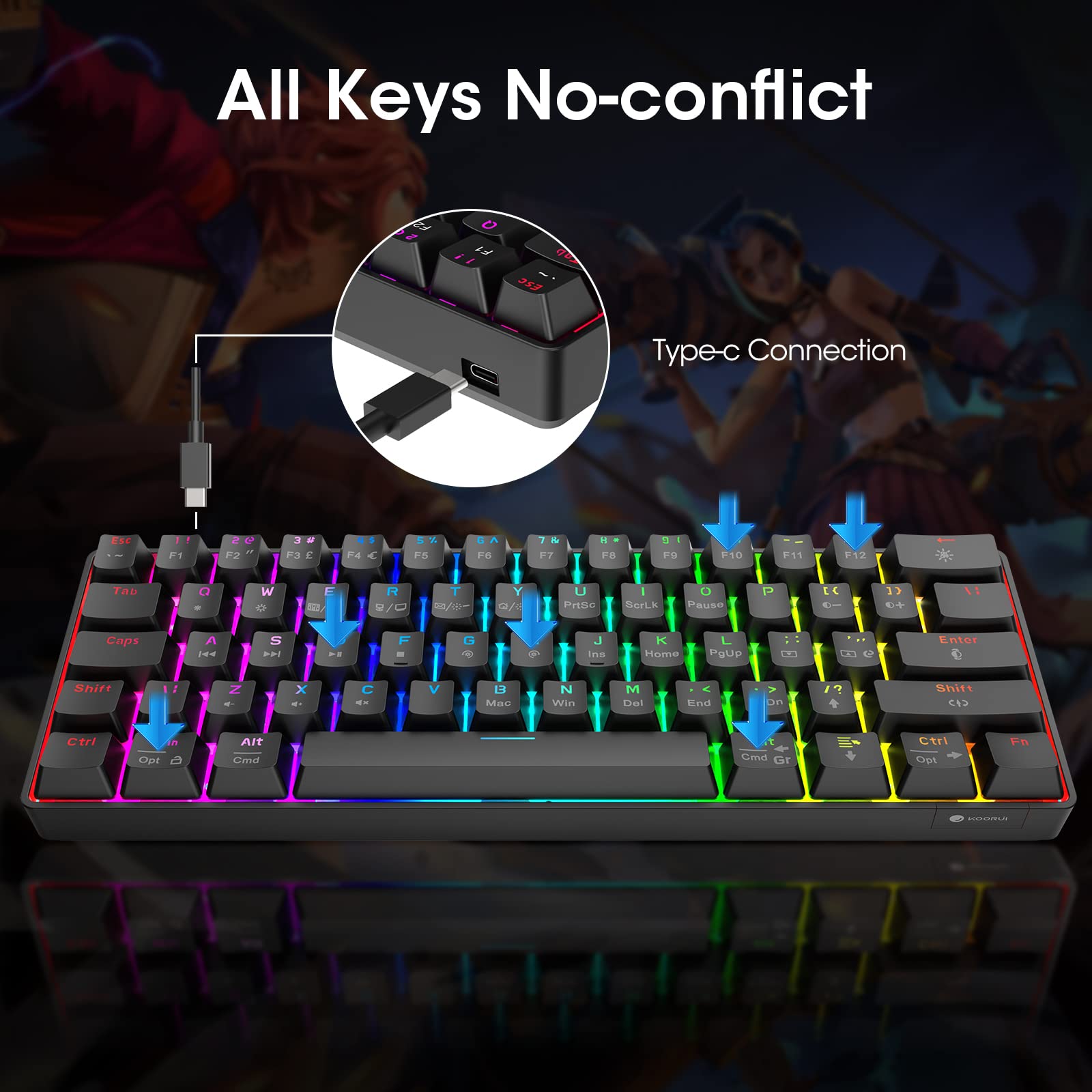 KOORUI Gaming Keyboards, 26 RGB Backlit Mechanical Keyboard Wired 104 Keys Full Size UK Layout with Blue Switch Gamer Keyboards for Windows MacOS Linux