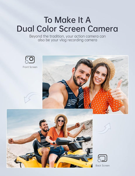 WOLFANG GA420 Dual Screen Action Camera 4K 60FPS 24MP Touchscreen Underwater Camera, 10M Body Waterproof/40M Waterproof Helmet Bike Camera with EIS, Remote Control, 2x1350mAh Batteries, Accessory Kit